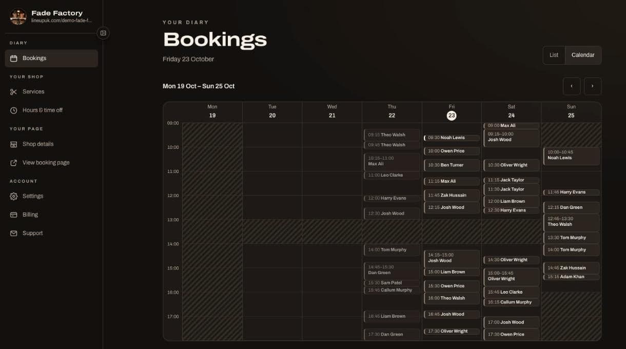 The LineupUK bookings calendar for a demo barbershop: a week of appointments, with lunch breaks and closed days shaded