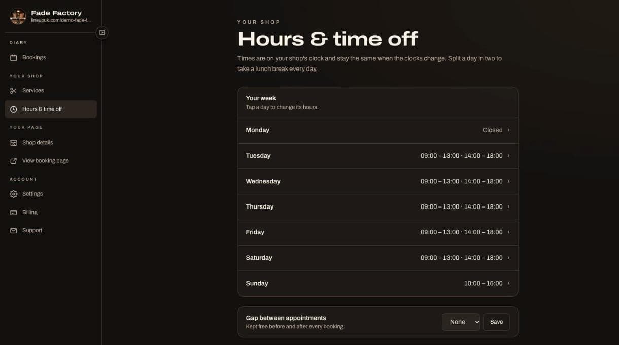 The LineupUK hours page: opening hours for each day of the week, split for a lunch break