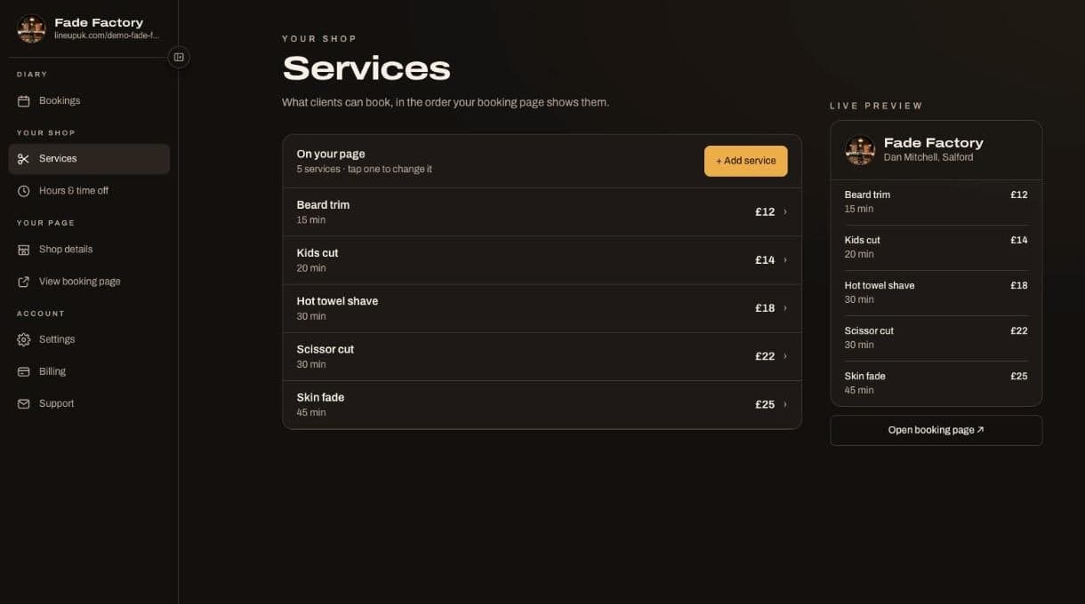 The LineupUK services page: five services with prices and durations, beside a live preview of the booking page